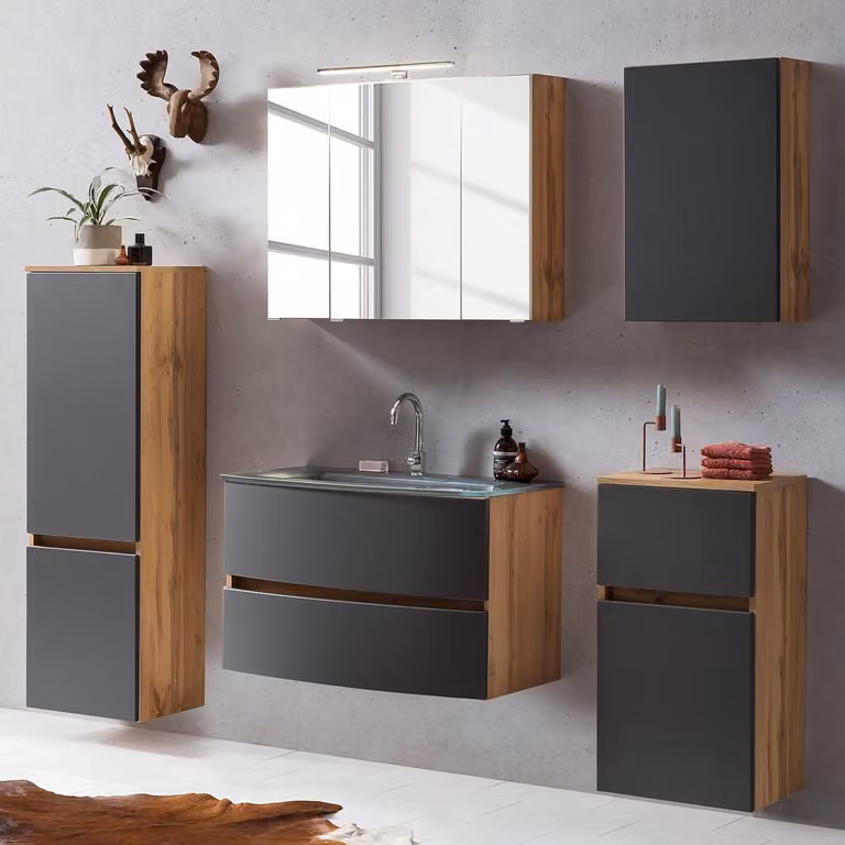 home24 Badkamerset XIV 5-delig grijs Wotan eikenhouten look B: 160 cm, H: 200 cm, D: 49 cm