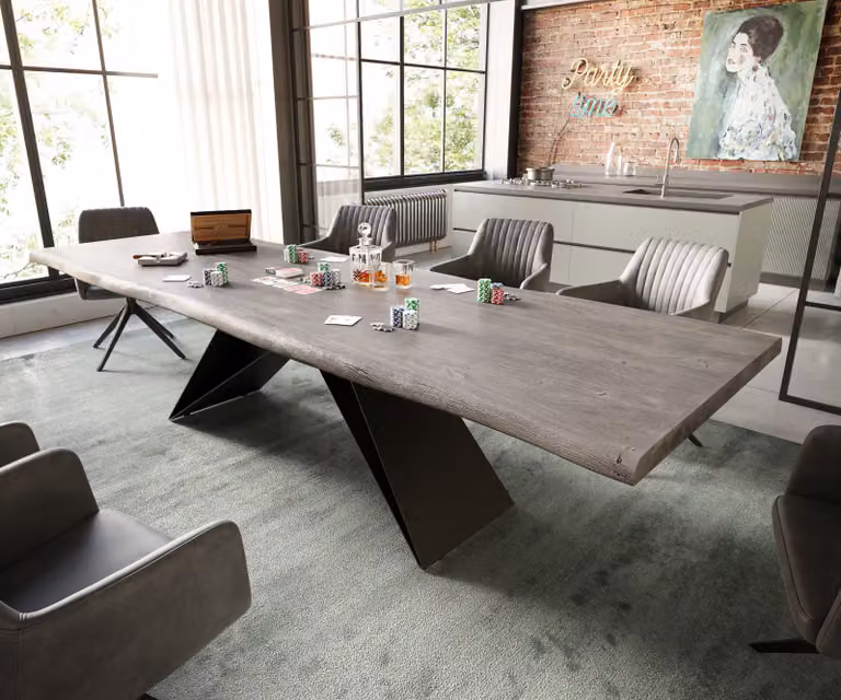 DELIFE Eettafel Edge Acacia Platina met Live-Edge en Zwart V-frame Staal, Breedte: 300 cm, Diepte: 100 cm