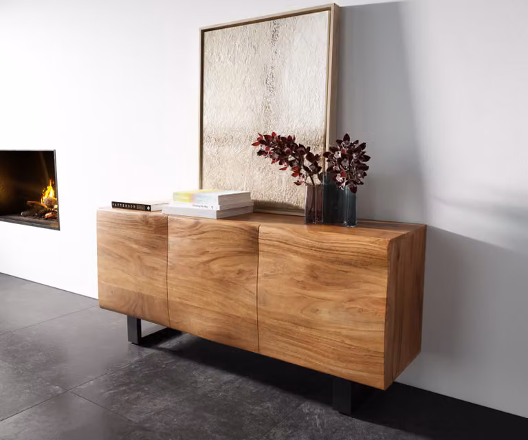 DELIFE Dressoir New Live-Edge met 3 deuren, Acacia natuur en zwarte metalen sledepoten, B/D/H: 145 x 40 x 56 cm