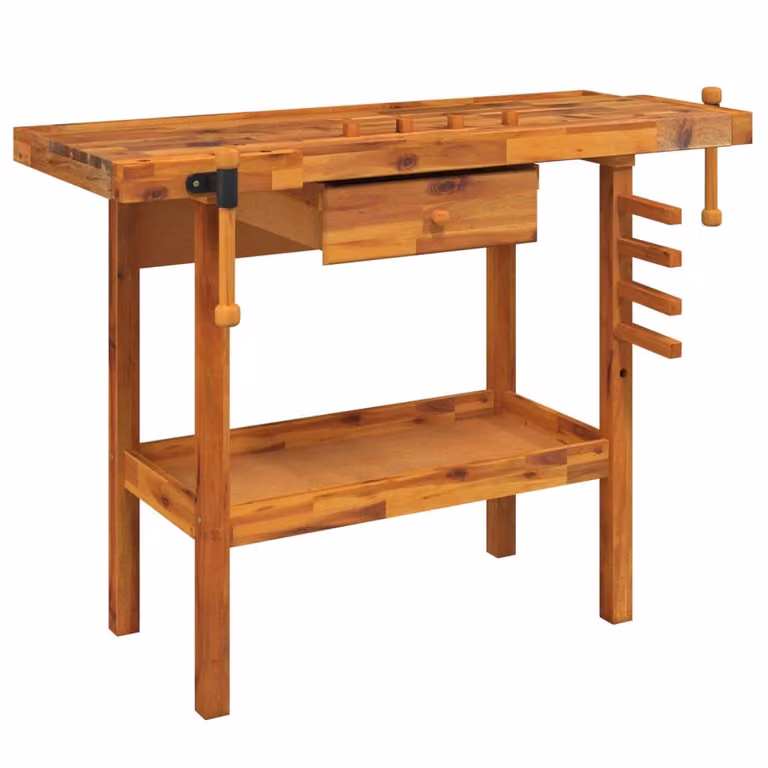 vidaXL Werkbank met lade en klemmen van massief acaciahout, B/D/H: 124 x 52 x 83 cm