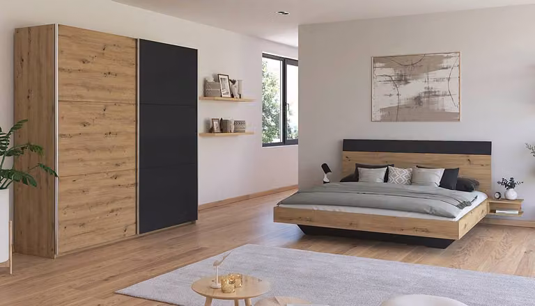 home24 Slaapkamerset 2-delig met bedframe, bruin/grijs-metallic, Artisan eikenhouten look, B/D: 180 x 200 cm