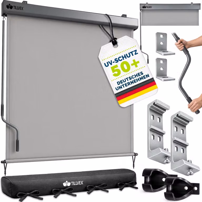 Tillvex Verticale zonwering met afdekking voor binnen en buiten, waterdicht buitenrolgordijn met handslinger voor balkon, terras en tuin, aluminium, B/D/H: 180 x 250 cm