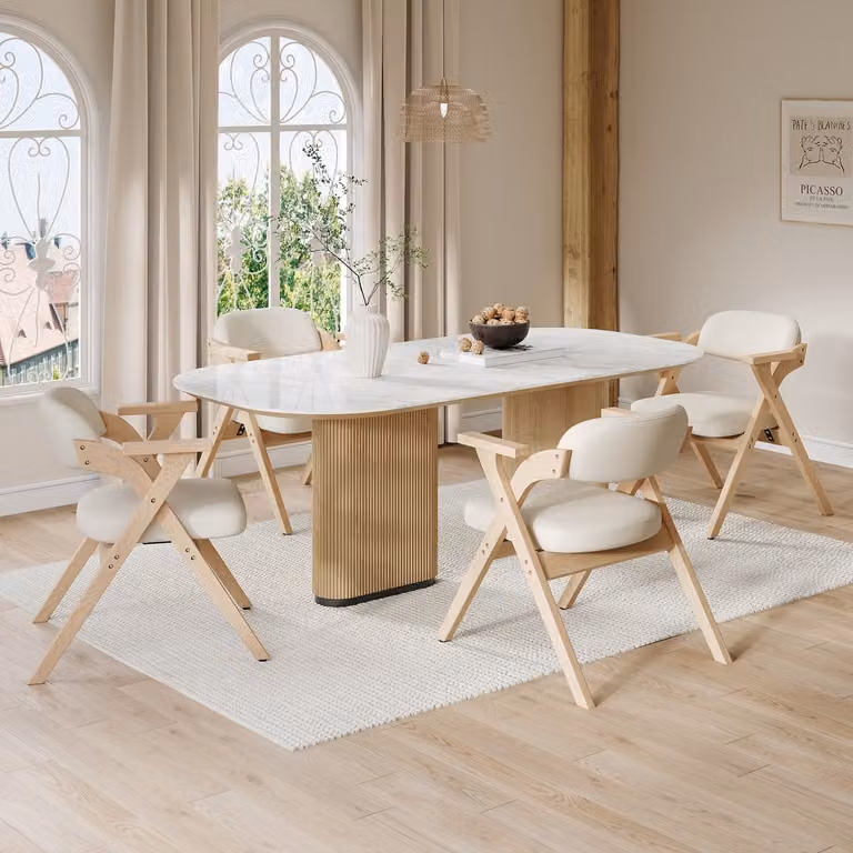 Wishdor Set van 4 opvouwbare eetkamerstoelen met armleuningen en ademend zitkussen - Massief hout en linnen - Beige