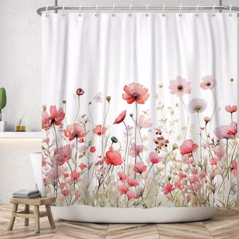 ShopVlot Douchgordijn met handgeschilderde lentebloemen, waterdicht polyester, 180 x 200 cm