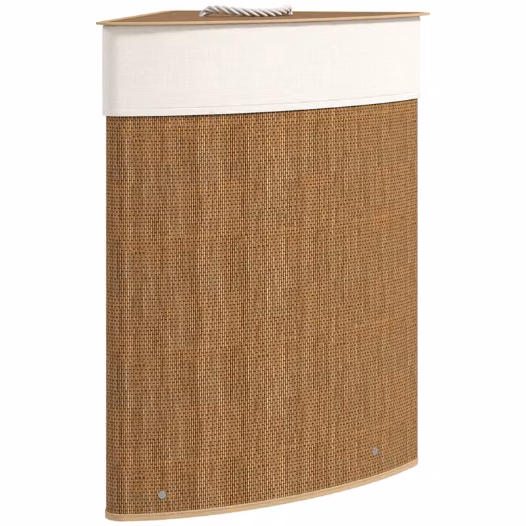 HOMCOM Wasmand in Hoekontwerp van Bamboe met Uitneembare Stoffen Waszak en Metalen Frame, Bruin, B/D/H: 35 x 35 x 60 cm
