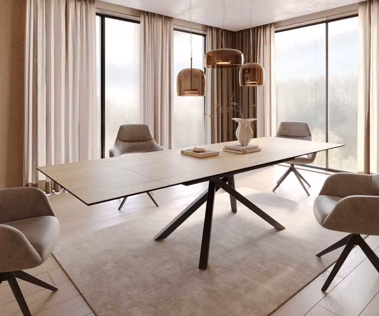 DELIFE Eetkamertafel Edge, Keramiek Sabbia eiken kleur en zwart metaal, Uitschuifbaar, B/D/H: 200 x 100 x 75 cm tot 300 x 100 x 75 cm