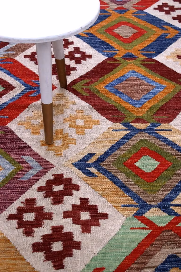 Koho Afghan Kelim Handgeweven Laagpolig Wollen Vloerkleed - Kleurrijk - Modern - 188 x 126 cm