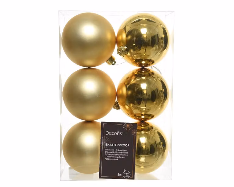 Decoris Set van 6 onbreekbare kerstballen in licht goud, diameter 8 cm