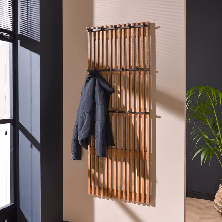 WoonStijl Kapstokrek met 14 haken, Mango hout en metaal, Bruin/Zand