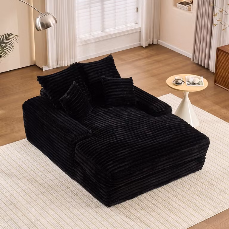 STILVORA Chaise Longue met 4 kussens, Cord Zwart, B: 135 cm, D: 165 cm