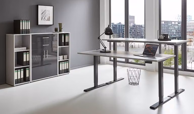 home24 Kantoorset 4-delig B, grijs/lichtgrijs/hoogglans antraciet, B: 114 cm, D: 33 cm, H: 85 cm