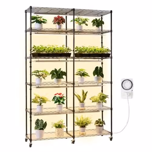VEVOR Plantenrek met Groeilamp en Wielen, 6 Niveaus, Dubbele Rij, Zwart Metaal, B/D/H: 120 x 35 x 180 cm