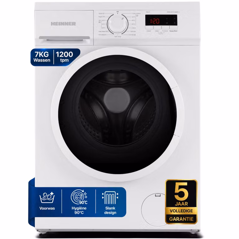 Heinner HWM-M7012SMD++ Voorlader Wasmachine 7 kg, 1200 tpm, Digitaal Display, 90°C Sterilisatie, Wit