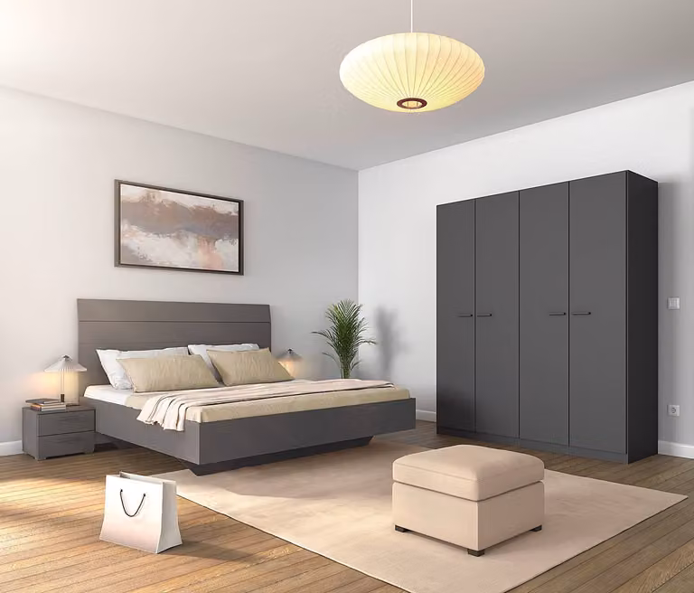 home24 Slaapkamerset met bed in grijs/metallic grijs met stoffen bekleding en lades