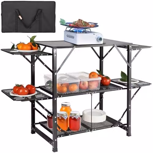 VEVOR Camping keukentafel van aluminium en metaal, opvouwbaar outdoor kookstation met 2 planken en draagtas, zwart