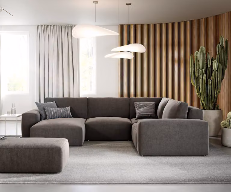 DELIFE Woonlandschap Lanzo U-vormige bank in microvezel met variabele recamière en hocker, Bruin, B: 303 cm, D: 210 cm, H: 70 cm