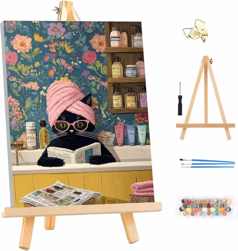 DIY Schilderen op Nummer voor Volwassenen met Kat Kunstset, Lijst en Houten Easel, Canvas Muurdecoratie 25 x 35 cm
