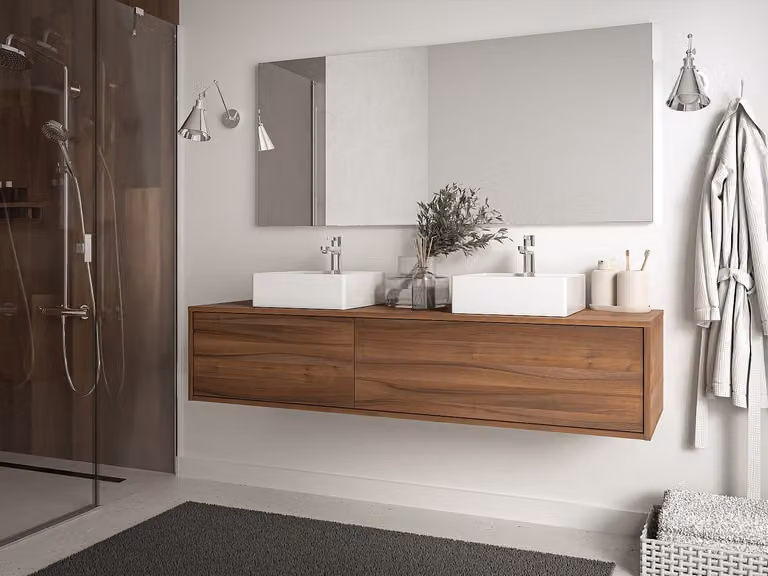 Vente-unique Zwevend badkamermeubel ISAURE II, donker naturel met dubbele wastafel, Breedte: 150 cm