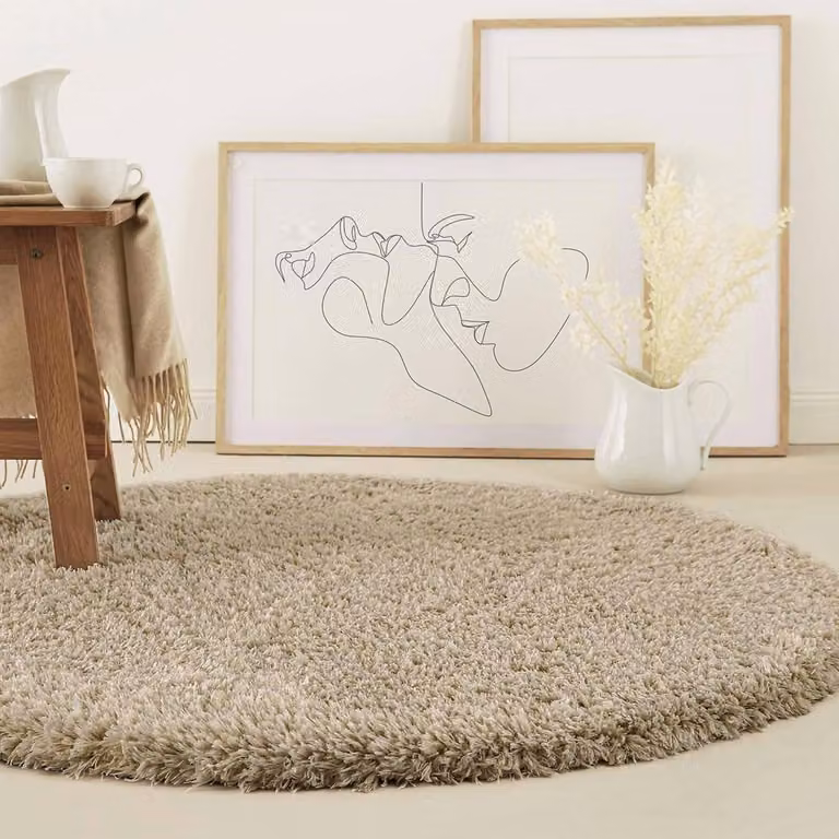 Rond Hoogpolig Vloerkleed van Gerecycled PET - Zand Beige - Diameter: 200 cm