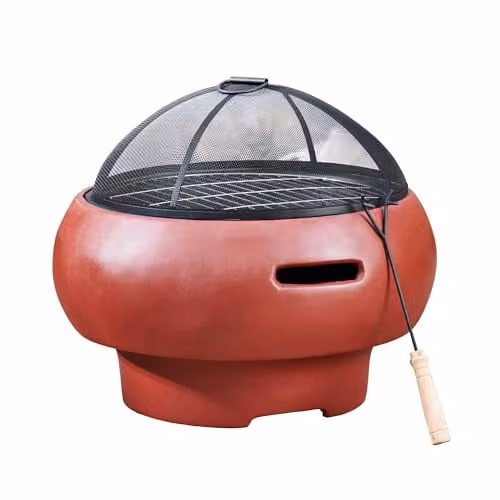 Teamson Home Vuurschaal Buiten - Ronde Beton Houtgestookte Vuurkorf met Deksel en Pook - Rood - B/D/H: 53 x 53 x 47 cm