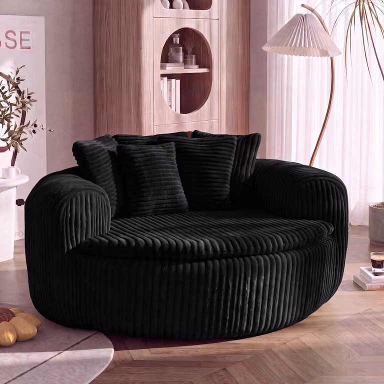 MODENUIT Fauteuil met diepe zitting en 5 kussens, Ribstof, Zwart, B: 145 cm, D: 133 cm