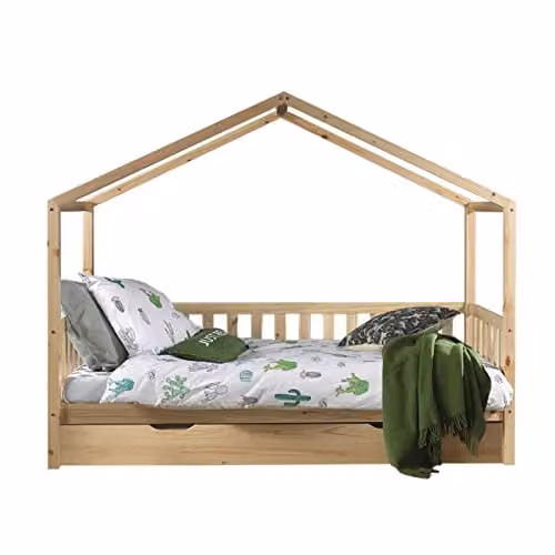 Vipack Dallas Kinderbed met Huisframe, Slaaplade en Zijdelingse Omranding, Massief Hout, Natuur, 90 x 200 cm