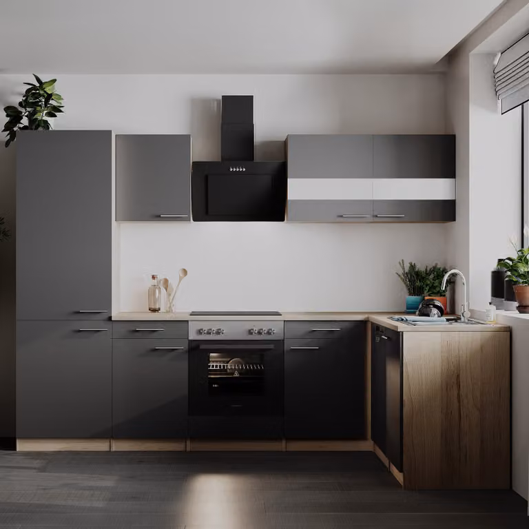 home24 Hoekkeuken Merle combi met elektrische apparatuur, grijs/grijs, Breedte: 280 cm
