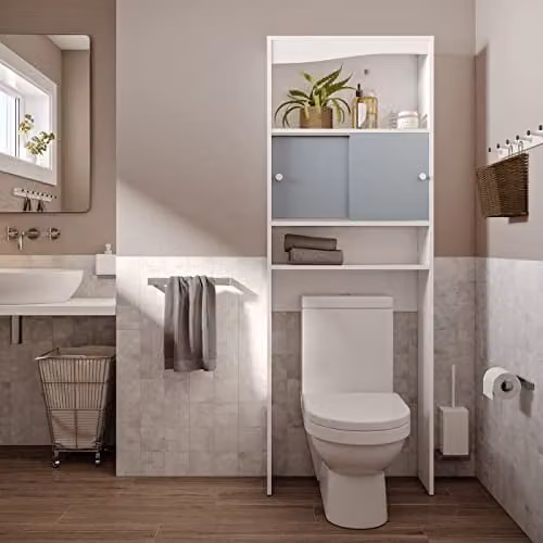 Symbiosis Wave modern badkamerkast met schuifdeuren, wit en grijs, B: 64,3 cm, H: 177 cm, D: 19,2 cm