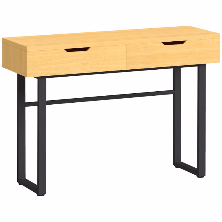 HOMCOM Consoletafel met 2 lades en metalen frame, naturel, B: 110 cm, D: 35 cm, H: 76,5 cm