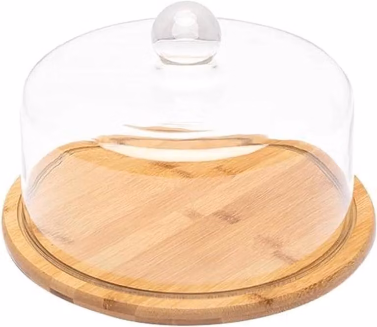 Glazen Stolp met Bamboe Bord - Taartplateau met Deksel - Naturel - B/D/H: 21 x 21 x 15,7 cm