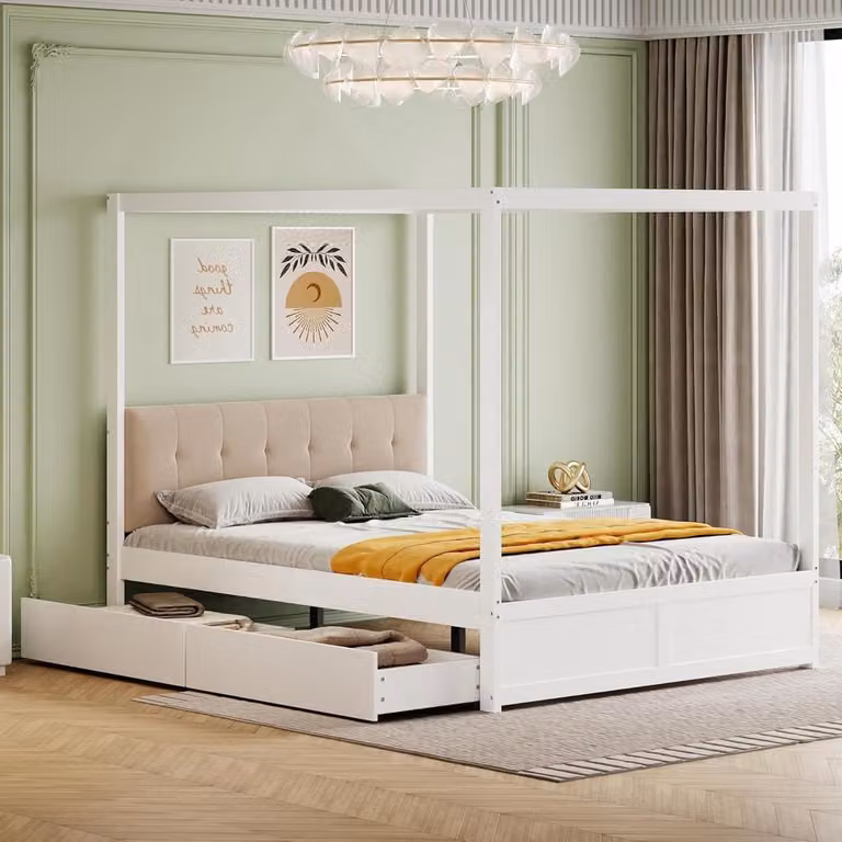 Wit houten hemelbed met laden en gevlochten rugleuning, B/D/H: 140 x 200 cm