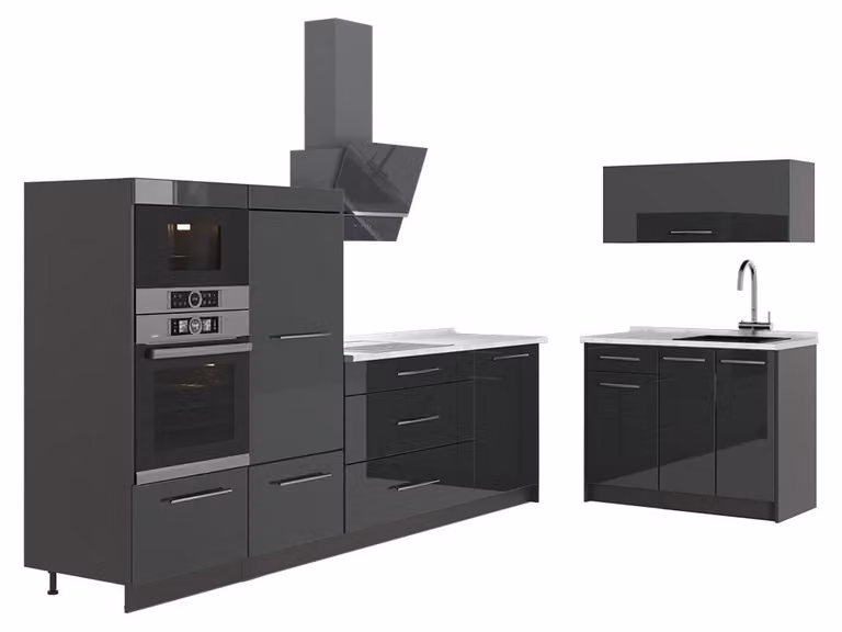 Keuken Vicco Fame-Line Antraciet Hoogglans met Marmeren Werkblad, 380 cm, Model 64054