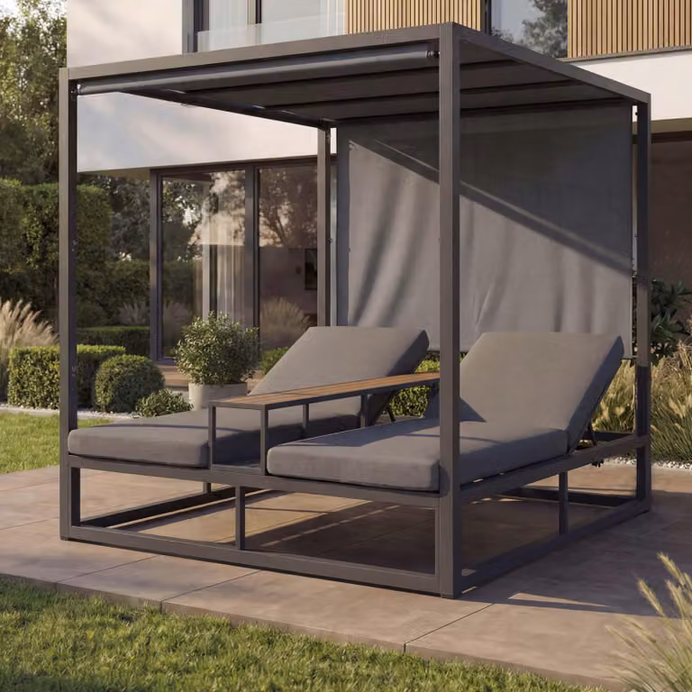 Mendler Alu lounge-tuinstoel HWC-P81 daybed met grijze kussens, donkergrijs, B/D/H: 196 x 165 x 196 cm