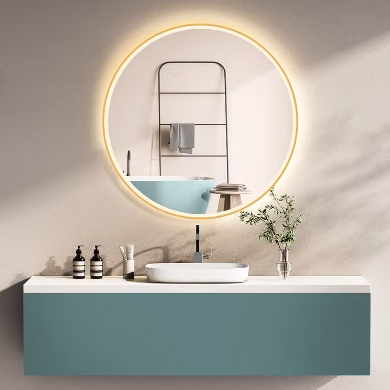 PonteSino Ronde LED Badkamerspiegel met Gouden Aluminium Frame, Traploos Instelbare Kleurtemperatuur en Memory-functie, IP44, Diameter: 60 cm
