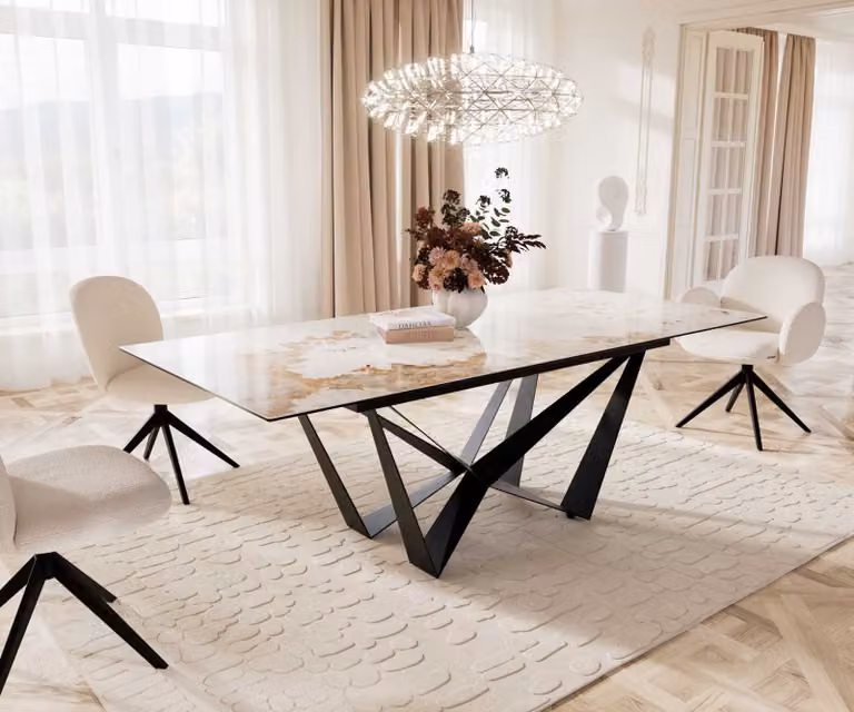 DELIFE Eetkamertafel Edge Minas Melange wit-beige keramiek met zwart stalen X-frame, uitschuifbaar, B/D/H: 180-220 x 100 x 78 cm