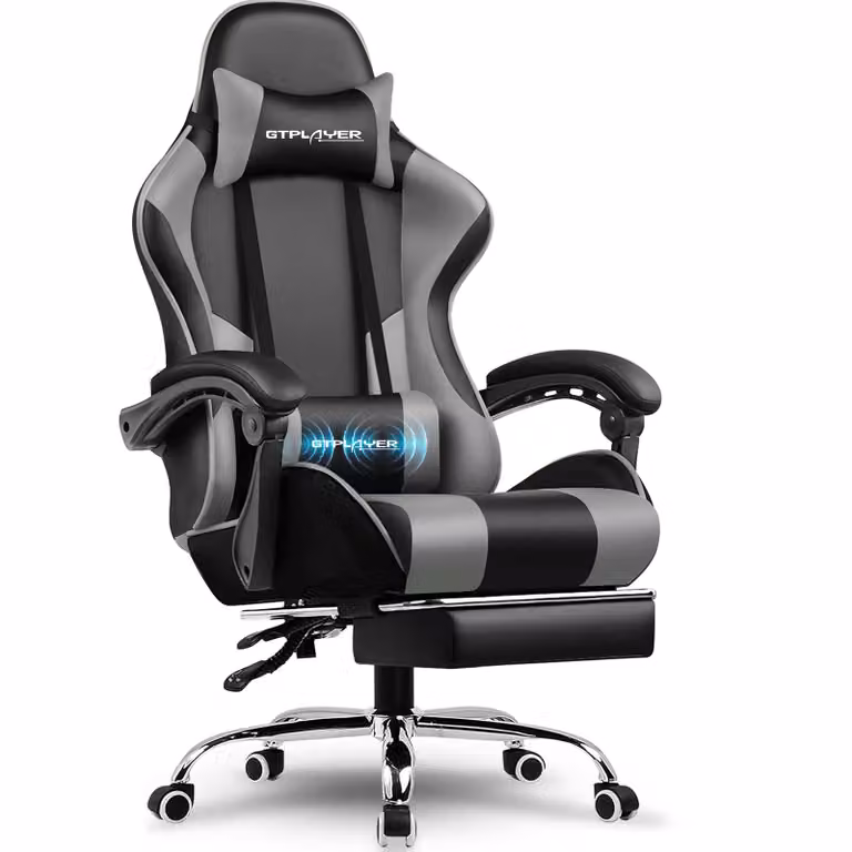 GTPLAYER Gaming stoel met massagefunctie, voetsteun en hoofdkussen, grijs, kunstleer