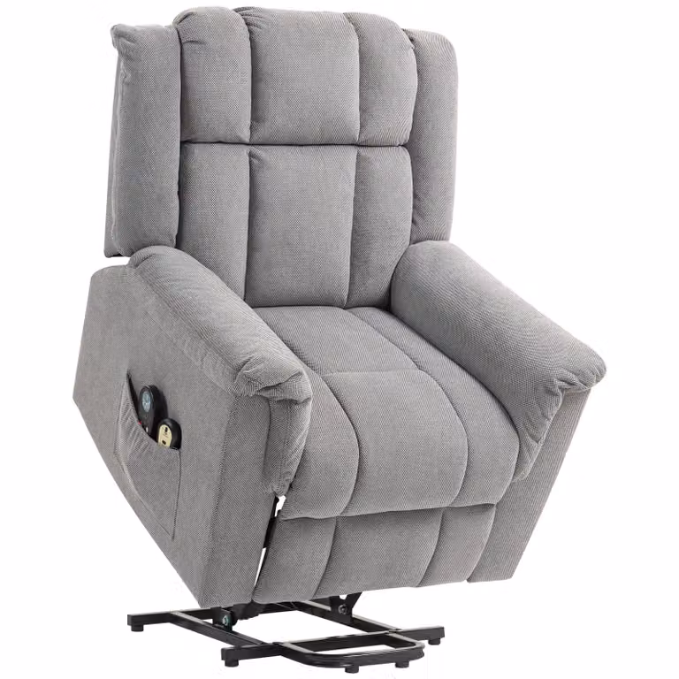 HOMCOM Powerlift-stoel met massagfunctie en verwarming, donkergrijze stoffen fauteuil met voetsteun en zijvak