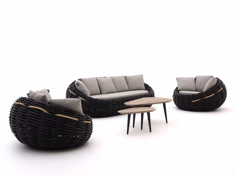 Apple Bee Loungeset voor 5 personen, Zwart Polyrattan met Kussens