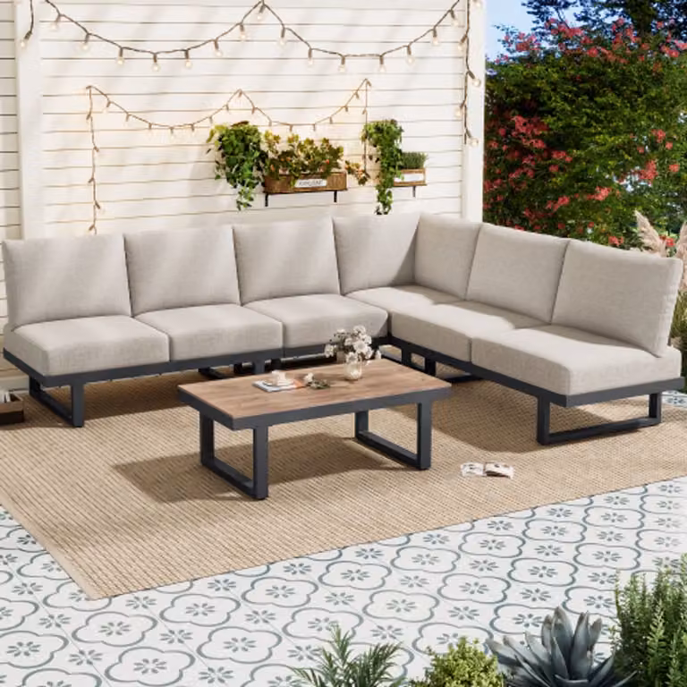 Moderne grijze loungeset in L-vorm met verstelbare rugleuning en slaapfunctie voor in de tuin of op het terras