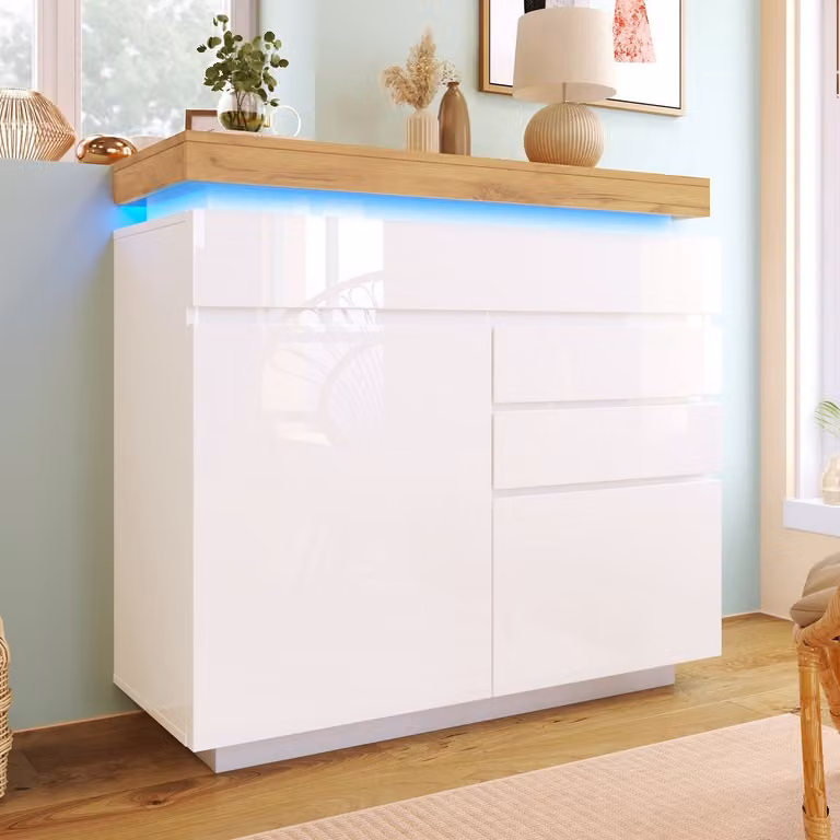 Sweiko Ladekast - Hoogglans dressoir met 2 deuren, 3 laden en LED-verlichting - Wit - B: 115 cm, H: 110 cm, D: 39 cm