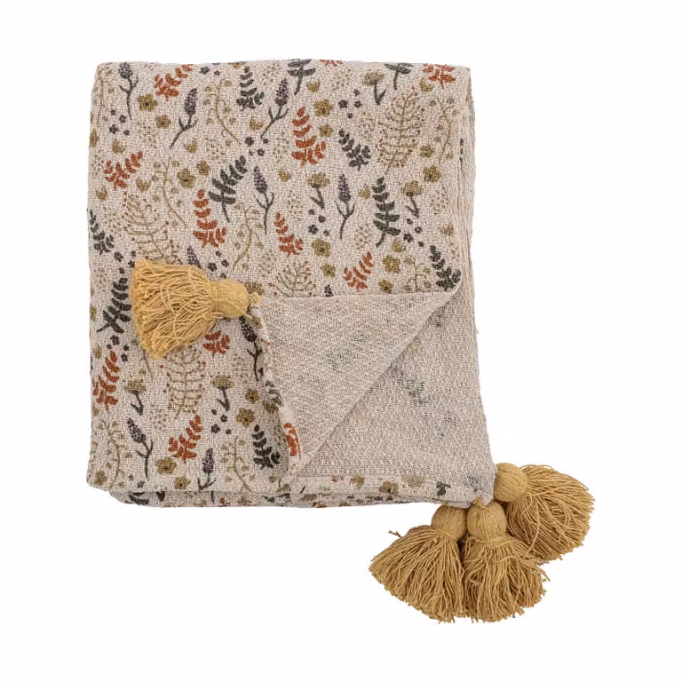 Bloomingville Filipa deken met bloemenprint, geel/beige, B: 130 cm, D: 160 cm