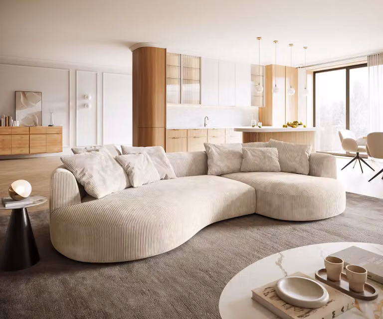 DELIFE Edina hoekbank in beige corduroy met kussens, B: 328 cm x D: 166 cm x H: 91 cm