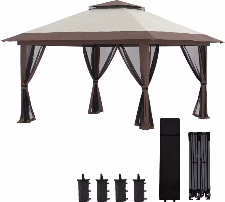 Outsunny opklapbaar tuinpaviljoen met 4 netwanden, beige, 4 x 4 meter
