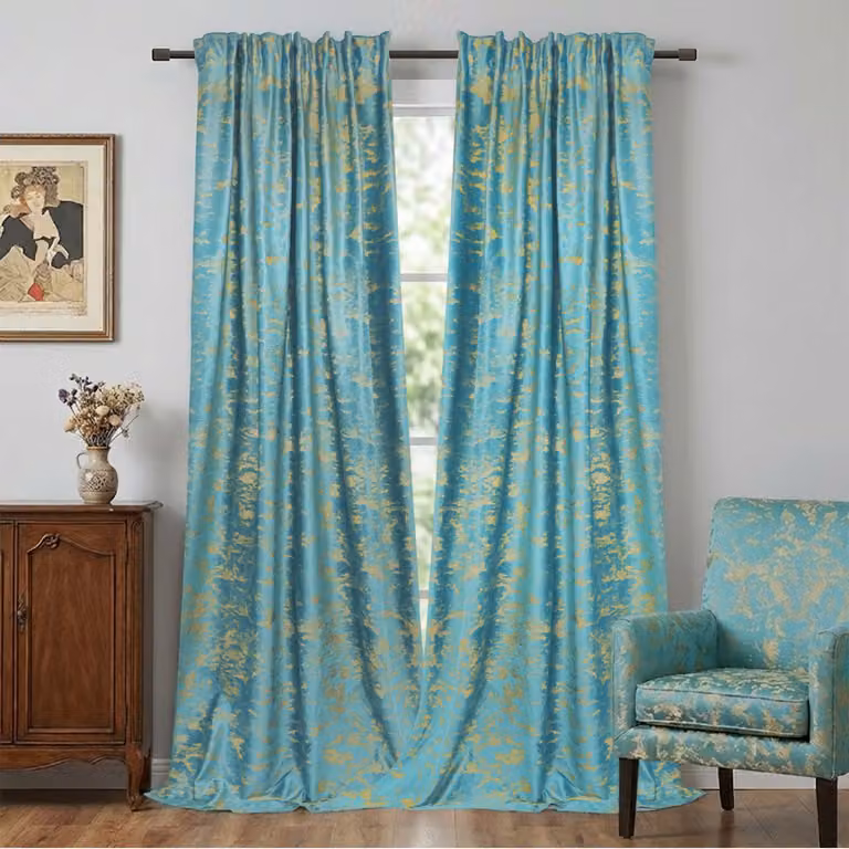 Qelus Velours Gordijnen met Goudprint - 2 Stuks - Verduisterend & Geluidsdempend - Blauw - B/D/H: 132 x 274 cm