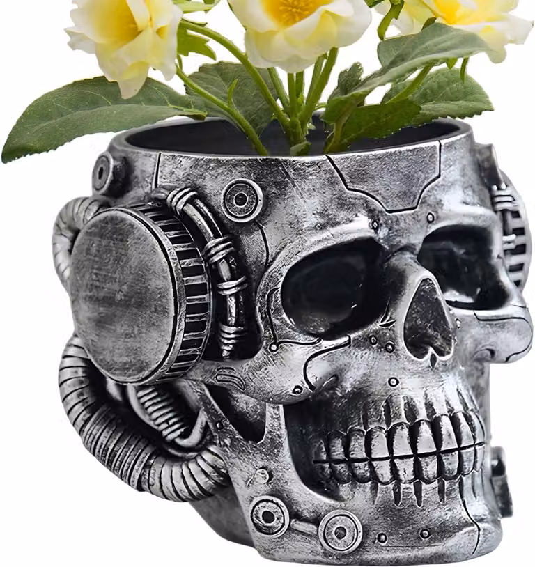 Schedel Decoratie Bloempot en Pennenhouder - Zwart - 16 x 16 x 16 cm