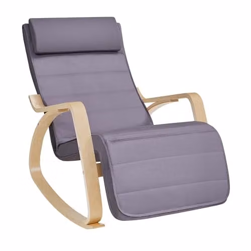SONGMICS Relaxstoel met 5-voudig verstelbare voetsteun, Berkenhout, Grijs en Beige, TEOU Collection LYY010G01