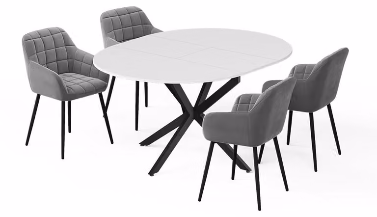 Vicco Loyd Eettafelset Wit/Zwart met 4 grijze eetkamerstoelen, B/D: 120 x 120 cm