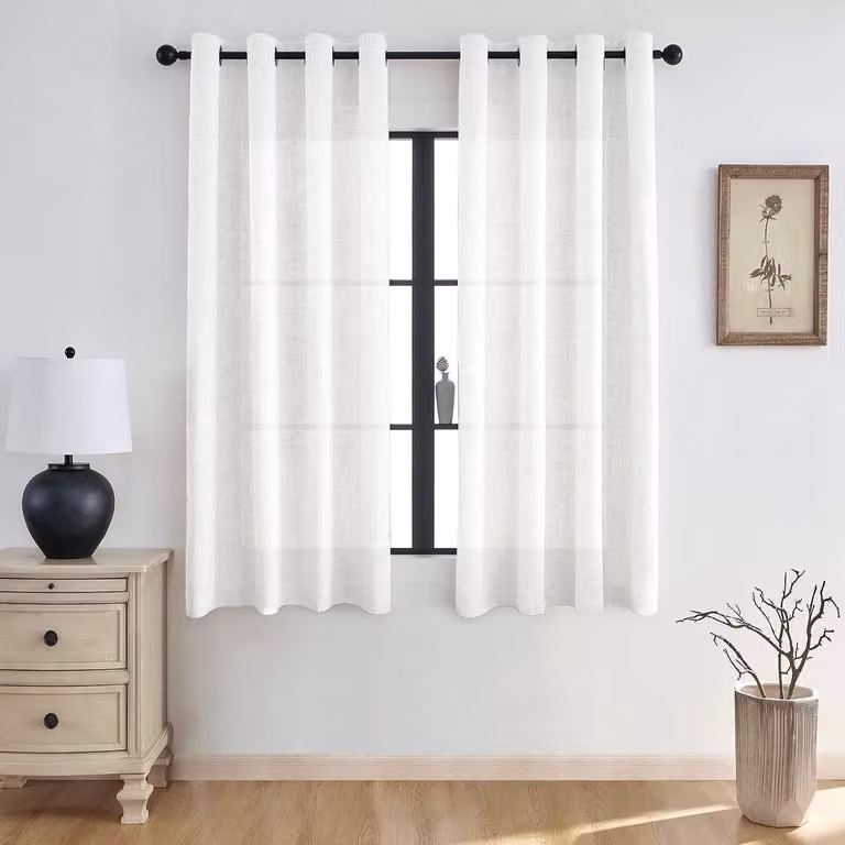Set van 2 witte linnen look gordijnen met oogjes, semi-transparant, 225 x 140 cm