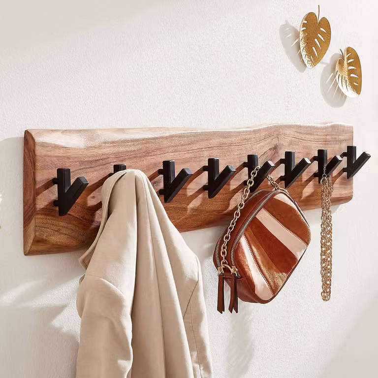 home24 Wandkapstok Damgarten Bruin met Houten Paneel en Metalen Haakjes B: 90 cm, H: 19 cm