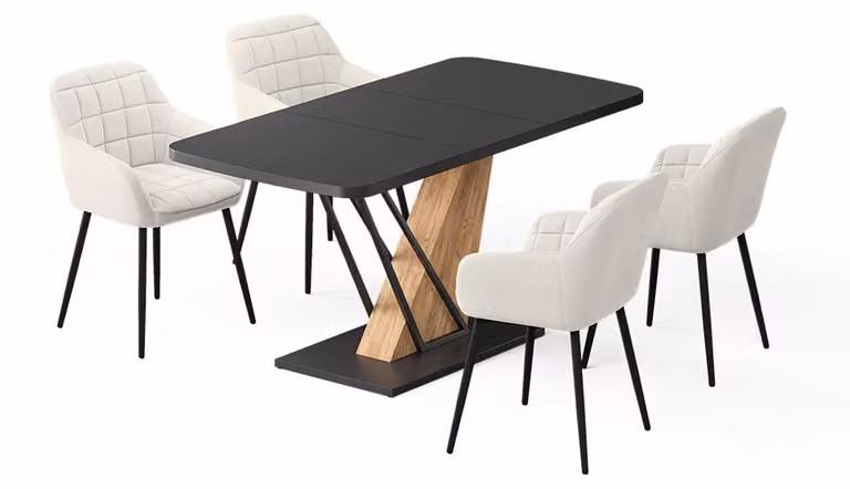 Vicco Fenaro Eettafelset met 4 eetkamerstoelen, Zwart/Goudkleurig Eiken, B: 120 cm, D: 80 cm